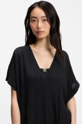 Crinkled V-neck beach kaftan with Double B monogram clasp, Black
