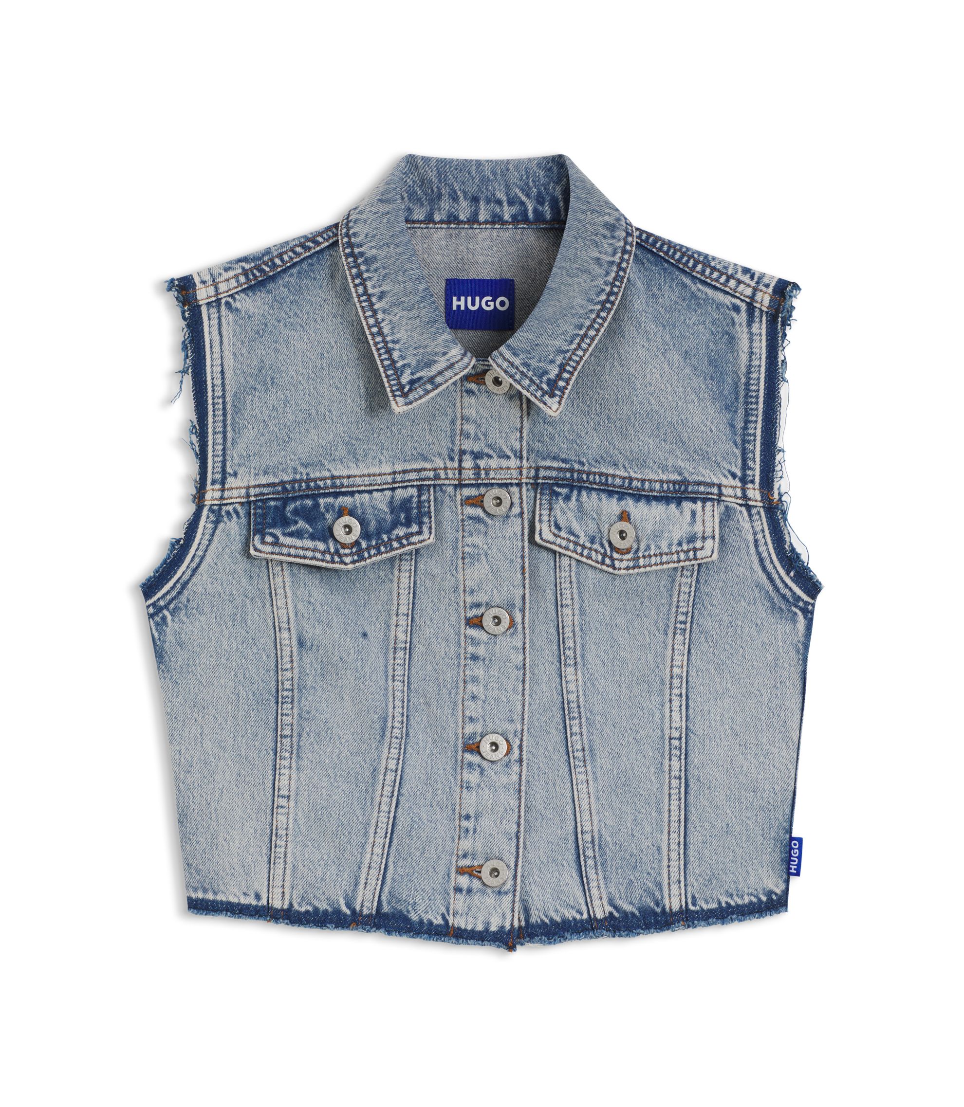 Ärmellose Bluse aus azurblauem Denim in Cropped-Länge