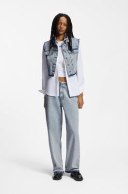 Cropped sleeveless blouse in azure-blue denim, Light Blue