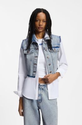 Korter mouwloos jack van azuurblauw denim, Lichtblauw