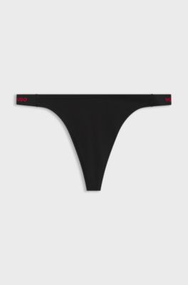 Stretch-cotton thong with branded waistband, Black