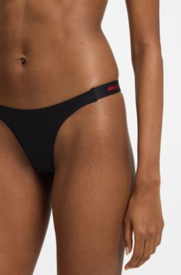 Stretch-cotton thong with branded waistband, Black