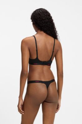 Stretch-cotton thong with branded waistband, Black
