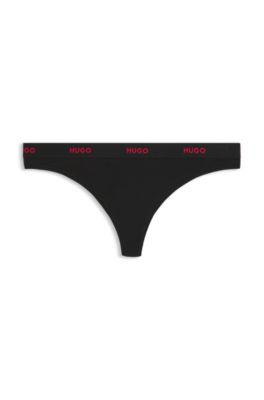 Stretch-cotton thong with logo waistband, Black
