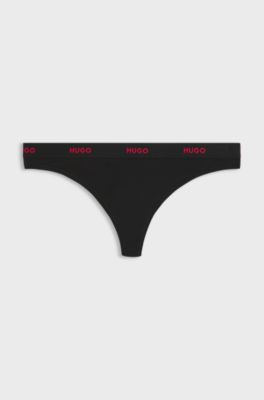 Stretch-cotton thong with logo waistband, Black