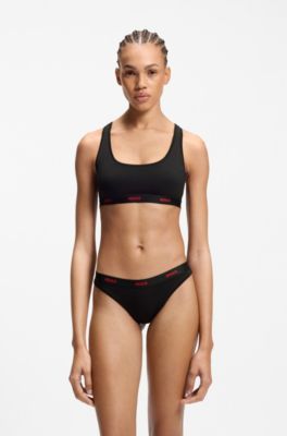 Stretch-cotton thong with logo waistband, Black