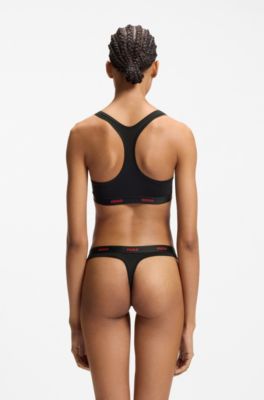 Stretch-cotton thong with logo waistband, Black