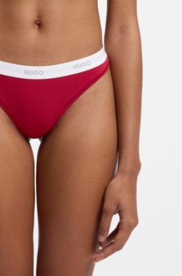 Stretch-cotton thong with logo waistband, Red