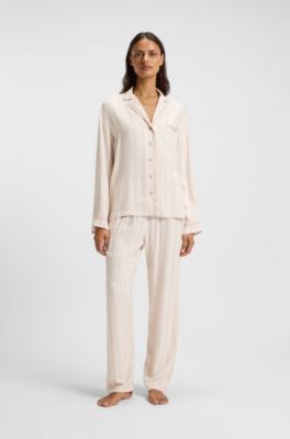 Striped pyjama shirt with logo trim, Light Beige