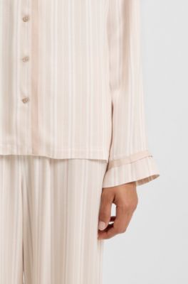 Striped pyjama shirt with logo trim, Light Beige
