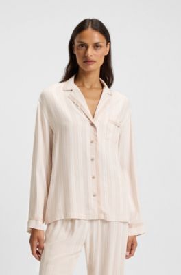 Striped pyjama shirt with logo trim, Light Beige