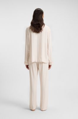 Striped pyjama shirt with logo trim, Light Beige