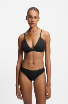 Reggiseno a triangolo in cotone elasticizzato con bordi con logo, Nero