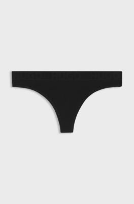 Stretch-cotton thong with logo waistband, Black