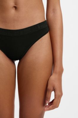 Stretch-cotton thong with logo waistband, Black