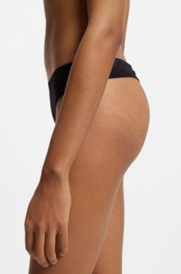 Stretch-cotton thong with logo waistband, Black