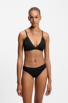 Stretch-cotton thong with logo waistband, Black