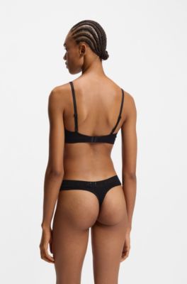Stretch-cotton thong with logo waistband, Black