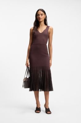 Rib-knit dress with sheer pleating, Dark Brown