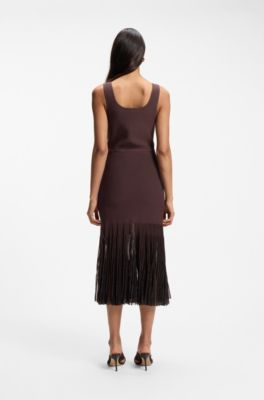 Rib-knit dress with sheer pleating, Dark Brown