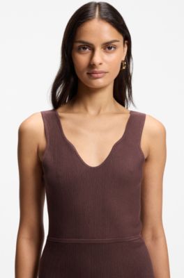 Rib-knit dress with sheer pleating, Dark Brown