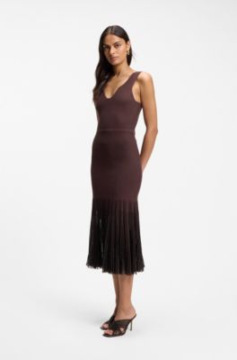 Rib-knit dress with sheer pleating, Dark Brown
