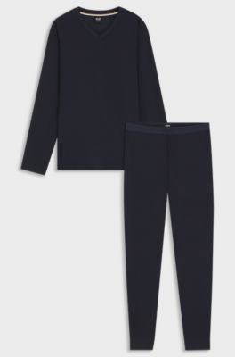Mercerised stretch-jersey pyjama set with all-over print, Dark Blue