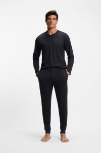 Mercerised stretch-jersey pyjama set with all-over print, Dark Blue