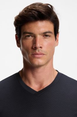 Mercerised stretch-jersey pyjama set with all-over print, Dark Blue