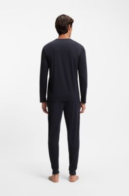 Mercerised stretch-jersey pyjama set with all-over print, Dark Blue