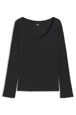 Cotton-blend pyjama top with waffle structure, Black