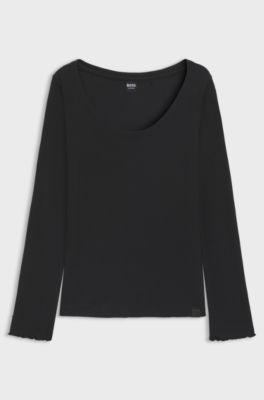 Cotton-blend pyjama top with waffle structure, Black