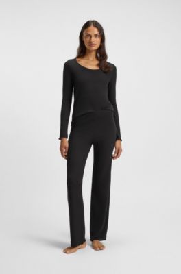 Cotton-blend pyjama top with waffle structure, Black