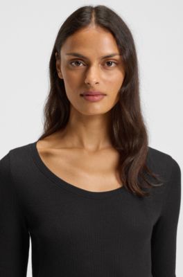 Cotton-blend pyjama top with waffle structure, Black