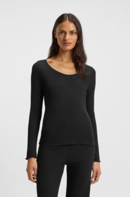 Cotton-blend pyjama top with waffle structure, Black