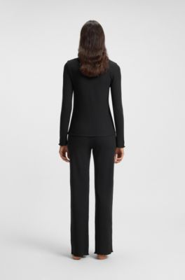 Cotton-blend pyjama top with waffle structure, Black