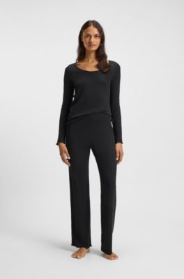 Cotton-blend pyjama bottoms in waffle jersey, Black