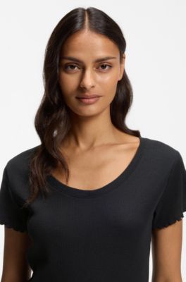 Waffle-structure pyjama T-shirt in a cotton blend, Black