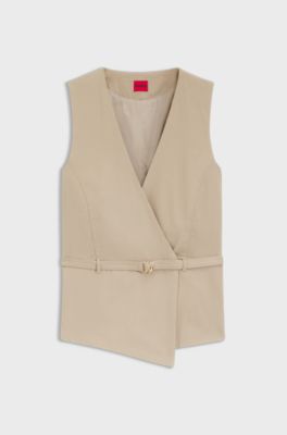 Belted regular-fit vest in cotton and hemp, Light Beige
