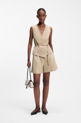 Belted regular-fit vest in cotton and hemp, Light Beige