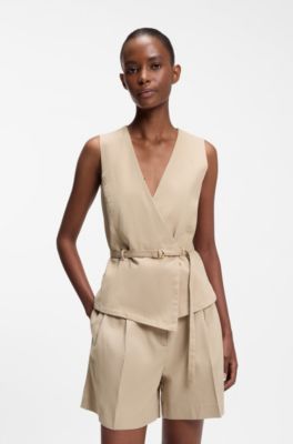 Belted regular-fit vest in cotton and hemp, Light Beige