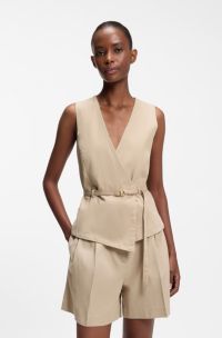 Sleeveless belted regular-fit blazer in cotton and hemp, Light Brown