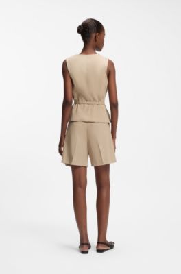 Sleeveless belted regular-fit blazer in cotton and hemp, Light Brown