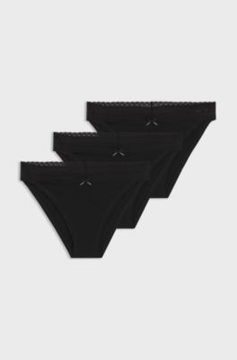 Three-pack of stretch-cotton briefs with lace trim, Black