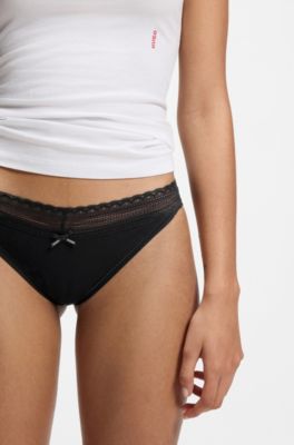 Slip in cotone elasticizzato con bordo in pizzo in confezione da tre, Nero