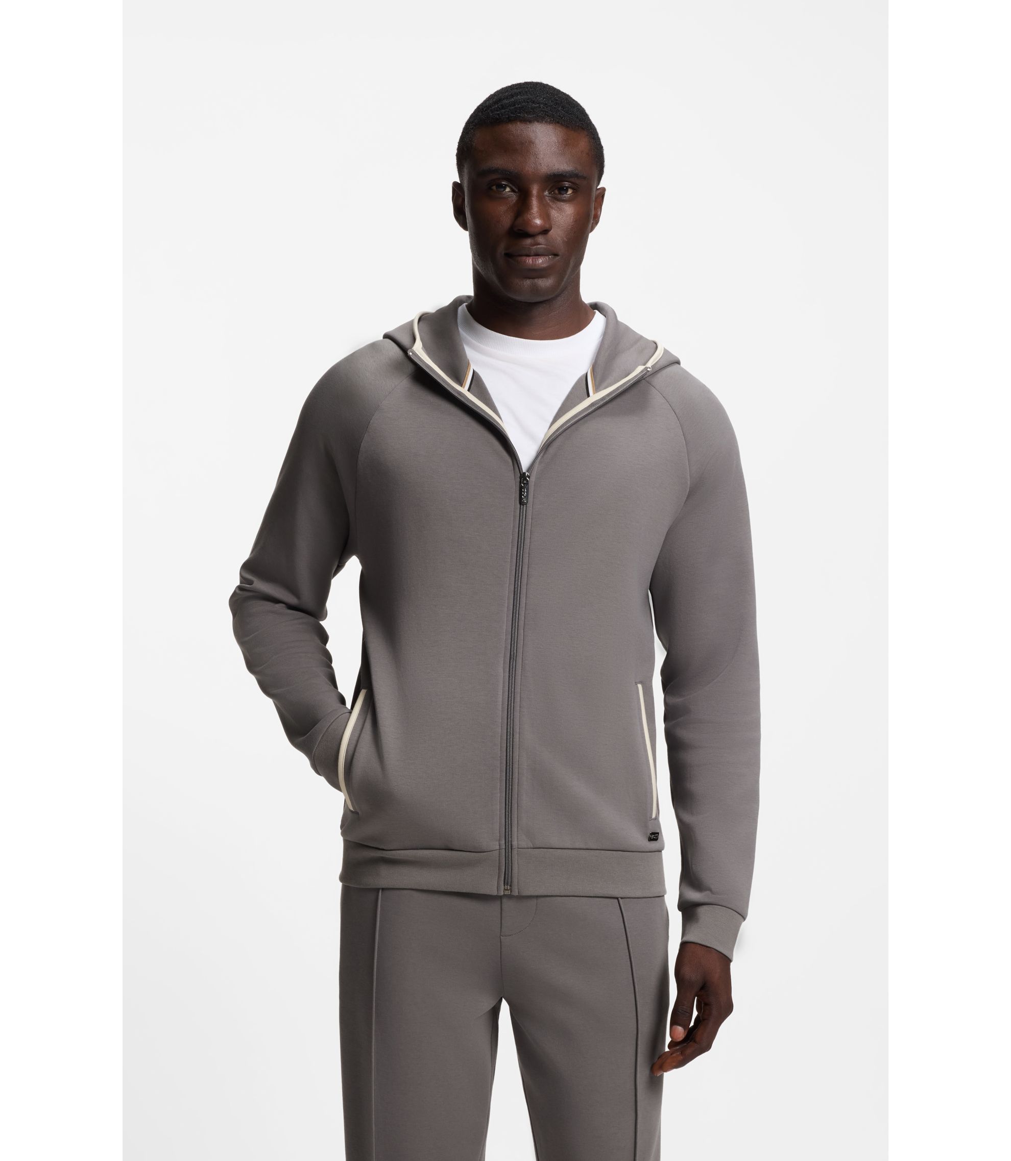 Hoodie aus Baumwoll-Mix mit Reißverschluss und Kontrast-Einfassung