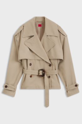 Kort trenchjacka i bomull och linne, Beige