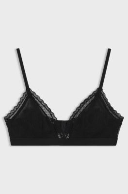 Sujetador triangular de encaje con logo en la cinta, Negro