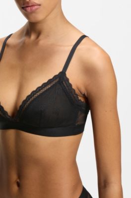Lace triangle bra with logo waistband, Black