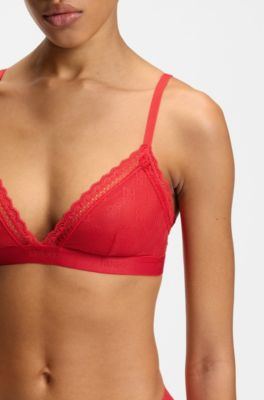 Lace triangle bra with logo waistband, Red